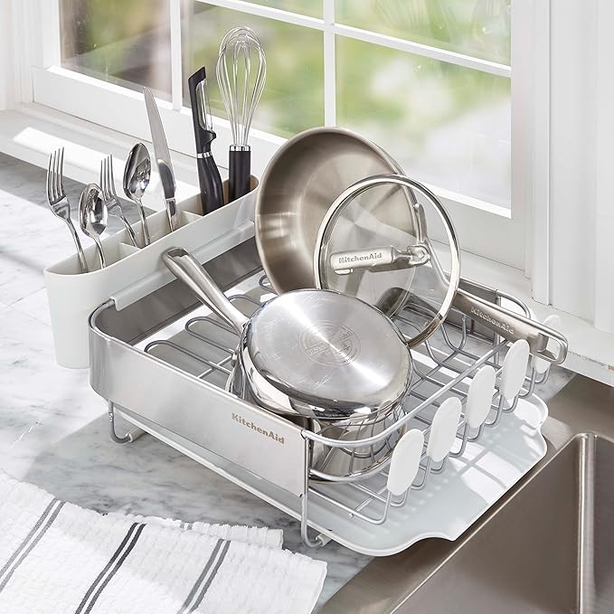 KitchenAid Compact Satin Wire Rust Resistant Expandable Dish Rack with Angled Self Draining Drainboard with Removable Flatware Caddy 23.18-Inch Gray