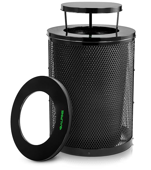 Alpine Outdoor Trash Can 36 Gallon Diamond Steel Commercial Metal Waste Bin with Leak Proof Liner Heavy Duty Steel Mesh Design Rain Bonnet Lid &amp Flat Lid for Parks Streets and Public Spaces-Bl