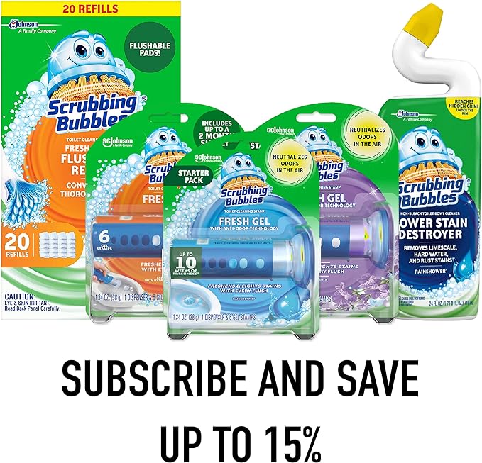 Scrubbing Bubbles Fresh Brush Toilet Bowl Brush and Holder with Toilet Cleaner Refill Pads &amp Gel Stamps Cleans Limescale &amp Fights Odors Citrus Scent Includes Starter Kit + 20 Refills + 6 Ge