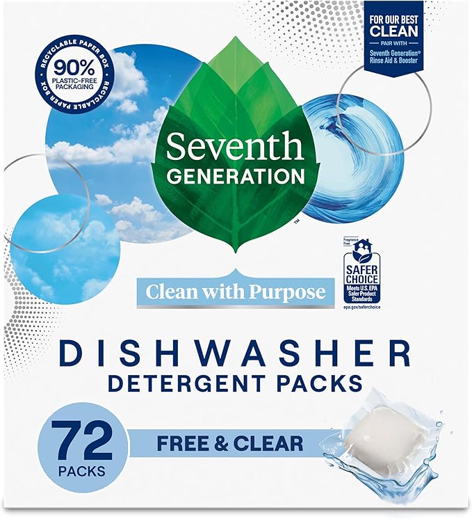 Seventh Generation Dishwasher Detergent Packs for sparkling dishes Free &amp Clear Dishwasher Tabs (72 Count)