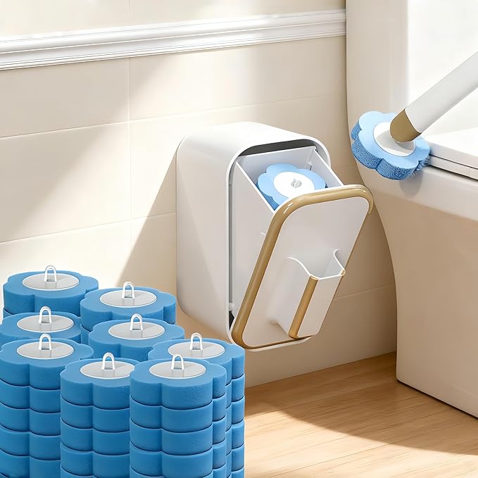 Disposable Toilet Brush and Base Set (Including 48 Replacement Heads and Base) - Wall-Mounted Design with Ergonomic Grip for Bathrooms Toilets and RVs.