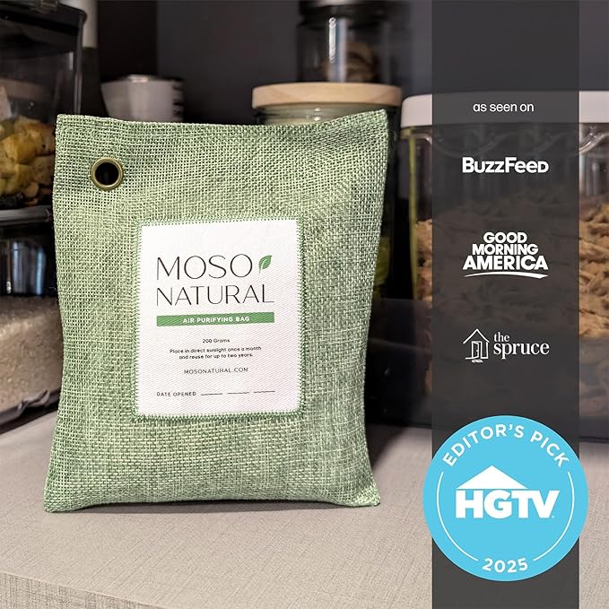 Moso Natural Air Purifying Bag 200g (5 Pack). A Scent Free Odor Eliminator for Cars Closets Bathrooms Pet Areas. Premium Moso Bamboo Charcoal Odor Absorber. Two Year Lifespan! (Green)
