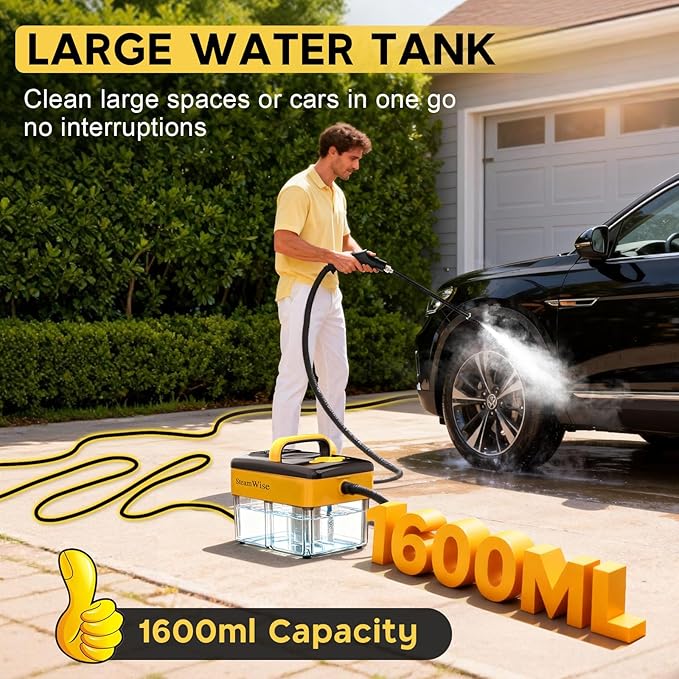 10S Fast Heating Heavy Duty Steam Cleaner 7 Adjustable Levels 1.6 Quarts Tank Continuous Spray Natural Deep Cleaner Portable Handheld Steamer with 15 Accessories for Home Car Tile (Yellow)