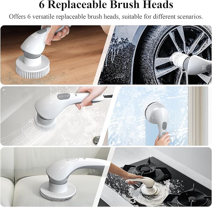 Electric Spin Scrubber Bathroom Shower Cleaner Power Scrubber with 2 Speeds and 6 Multi-Function Brush Heads Cleaning Supplies Brush for Bathroom Tile Floor Kitchen Window