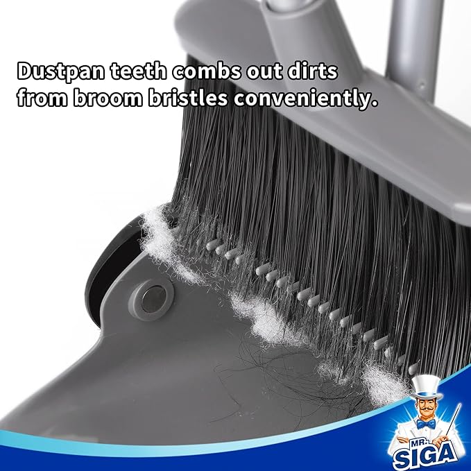 MR.SIGA Broom and Dustpan Set with Adjustable Long Handle Upright Combo for Floor Cleaning Lobby Gray