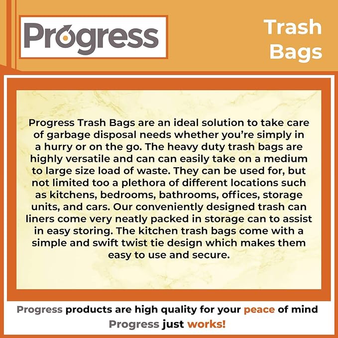 Progress Trash Bags – 8 Gallon Twist Tie Portable Garbage Bags Can Liners for Kitchen Bedroom Bathroom Office Car | Waste Disposal Supplies (200 Count)