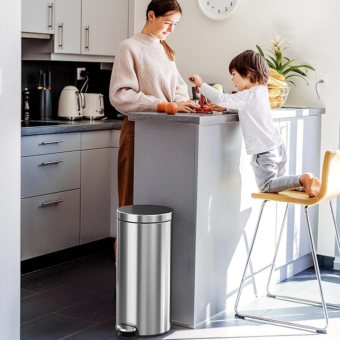 iTouchless SoftStep 8 Gallon Kitchen Step Trash Can with Odor Filter &amp Removable Inner Bucket Stainless Steel 30 Liter Round Pedal Garbage Bin for Bedroom Bathroom Home Office Cubicle Busine