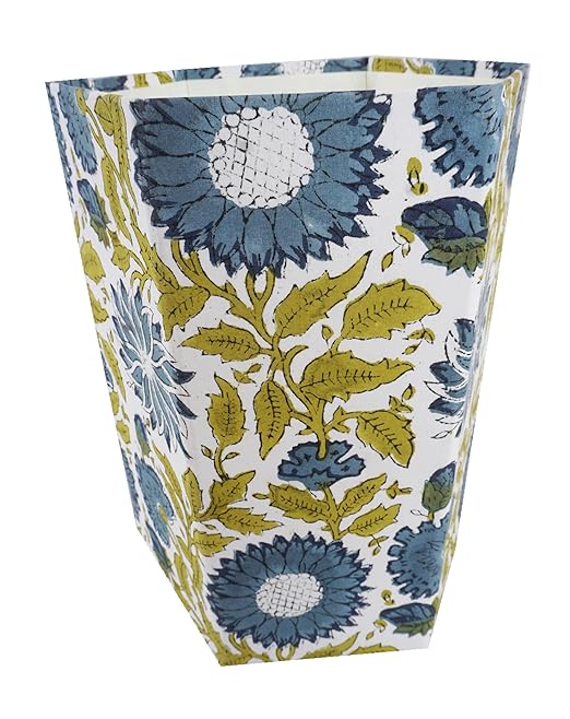 Floral Hand Block Printed 3.3 Gallon Decorative Waste Basket – Eco-Friendly Cardboard Trash Can Plastic-Free &amp Sustainable Perfect for Christmas and Housewarming Gifts (1 Green Blue FLOWAR)