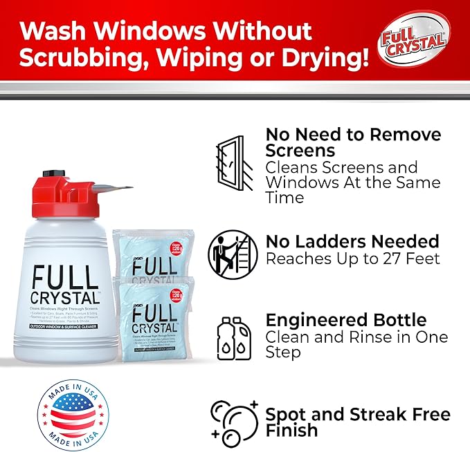 Full Crystal Window Cleaning Kit – 8 oz Glass Cleaner and Bottle with 27 ft Reach Each 4 oz Bag Makes Up to 640 fl oz Cleans Up to 40 Windows Scrub-Free Rinse-Free