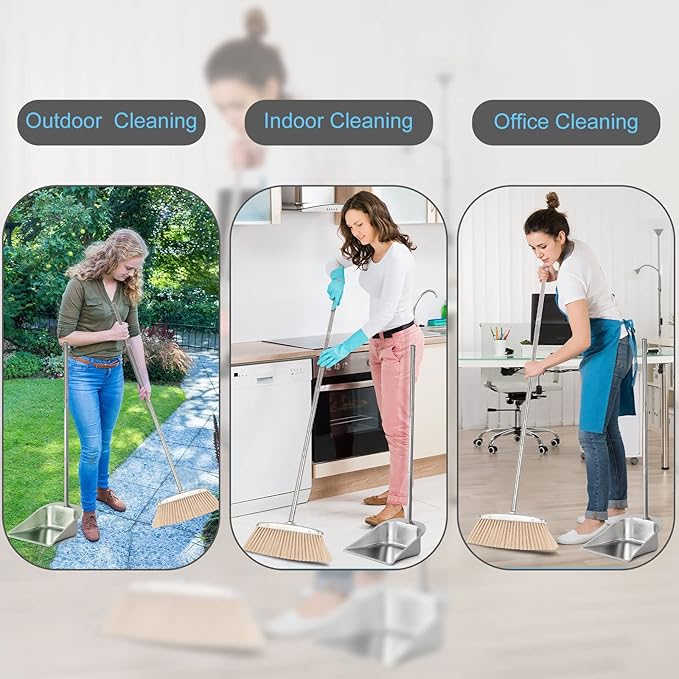 VOOWO Broom and Dustpan Set for Home Stainless Steel Broom and Dustpan Set with Long Handle Heavy Duty Dustpan Broom Set Standing Dust Pan Kitchen and Home Indoor Outdoor Broom