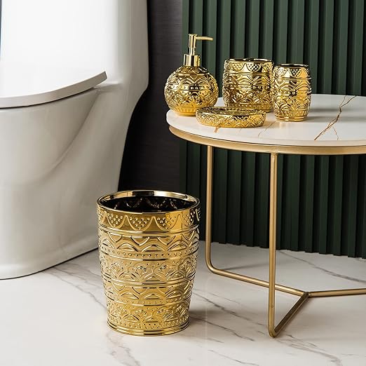 Round Ceramic Small Trash Can Wastebasket Garbage Container Bin for Bathrooms Powder Rooms Kitchens Home Offices - Durable - Gold Christmas Decor