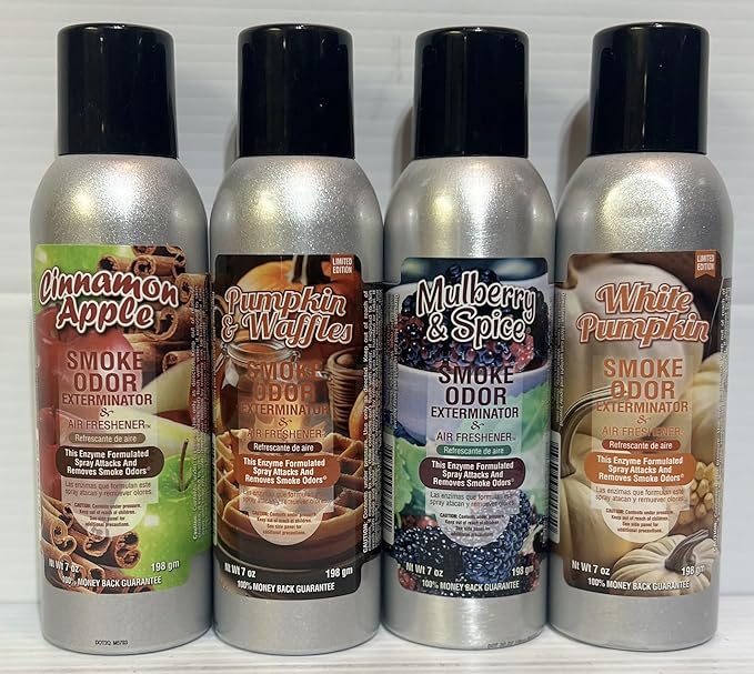 Smoke Odor Exterminator 198 gm/ 7 oz Large Spray Cinnamon Apple Set of Four Cans. Assortment (4) Includes Cinnamon Apple Pumpkin &amp Waffle Mulberry Spice and White Pumpkin.