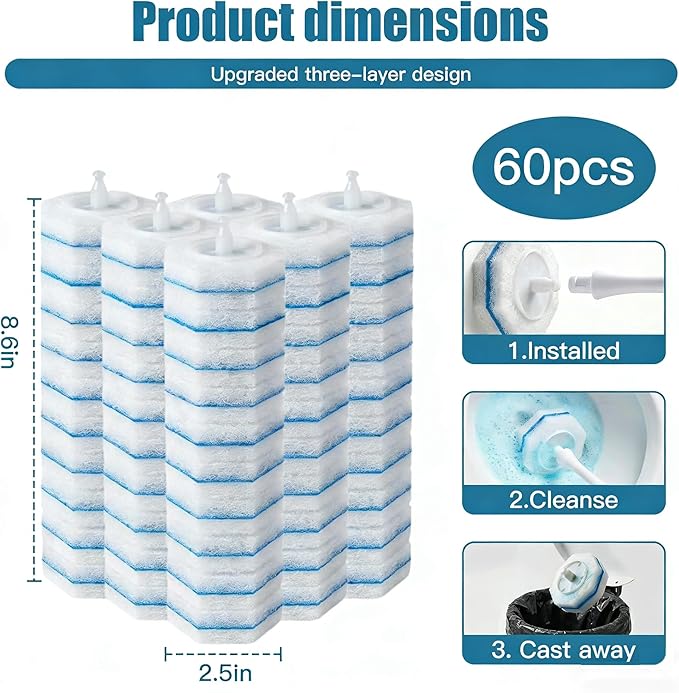 60-Count Disposable Toilet Brush Replacement Heads. Toilet Cleaning Replacement Heads Compatible with Clorox Brand and Most Toilet Brushes. Essential for Bathroom and Toilet Cleaning.