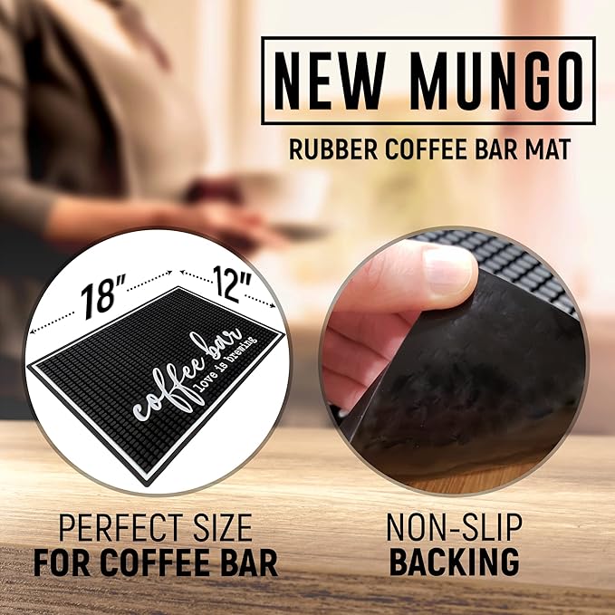 New Mungo Coffee Bar Mat – “Love Is Brewing” – Spill-Proof PVC Coffee Station Mat Non-Slip Countertop Protector 18x12
