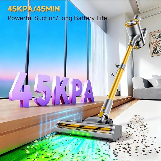 Cordless Stick Vacuum Cleaner - 45KPA Powerful Suction Vacuum with 45 Min Runtime Detachable Battery Anti-Tangle &amp 1.5L Dust Cup 8 in 1 Vacuum Cleaner for Pet Hair Carpet HardFloor Yellow