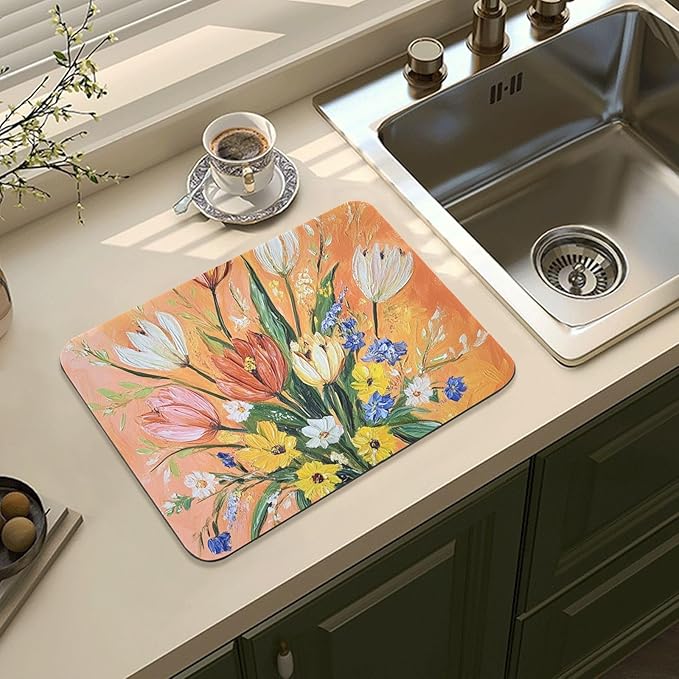 flower Sunflower Peach Drying Dish Mat Absorbent Diatomaceous Earth Mat Drying Mat for Dishes Rubber Backed Kitchen Drainer Mat Household Essentials