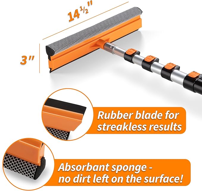 5-18 ft Window Washer Squeegee Kit with Extension Pole (24+ Foot Reach) // Long Handle Squeegee for Window Cleaning &amp Car Cleaning Multi-Use//Telescopic Professional Window Cleaning Squeegee for H