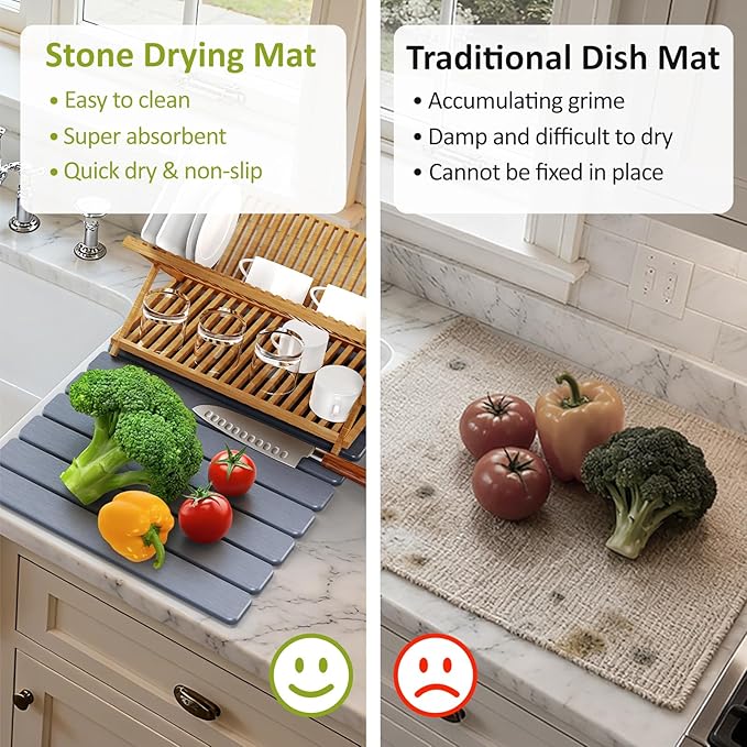 Large Stone Dish Drying Mat for Kitchen Counter 24(L)×16(W) Collapsible Quick Dry Stone Dish Mats Super Absorbent Diatomaceous Earth Drying Pad for Dishes Bottles Cups Countertops (Black Grey)