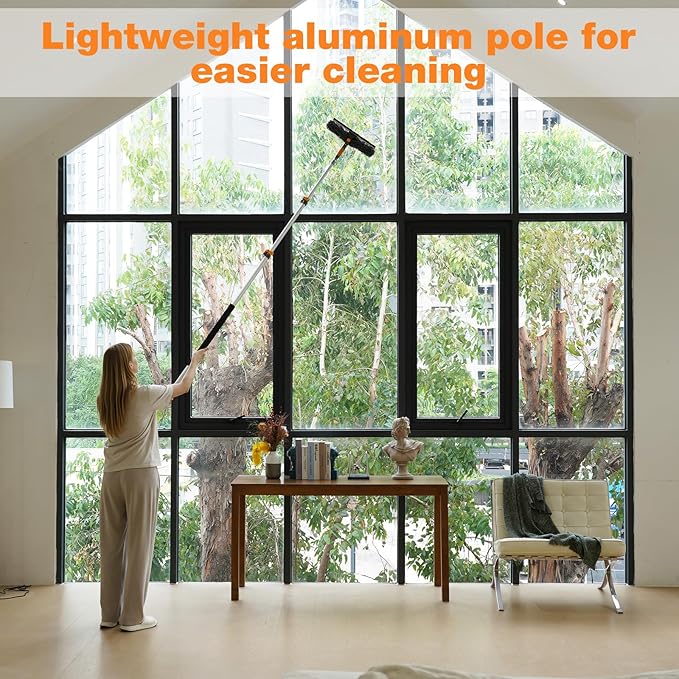 26Ft Window Squeegee with 5-19 FT Extension Poles 2-in-1 Window Cleaning Kit with Telescopic Pole Extra-Large 14 Window Squeegee Window Cleaner Tool with Adjustable Head for High Window Glass RV