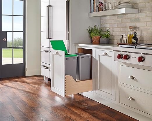 Rev-A-Shelf Pullout Trash Cans for Kitchen Cabinet Dual 50 Qt Bins with 18 Wood Frame - Large Garbage Bin Containers for Home Waste Storage and Recycling