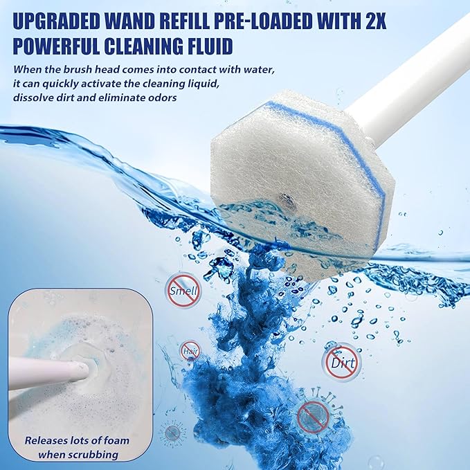 Disposable Toilet Brush with 30 Brush Heads 3-in-1 Toilet Cleaning System Set-2 Ergonomic Toliet Wand 2 Compact Holder 30 Pre-Filled Cleaning Solution Refills for Deep Scrub Toilet. 2 Pack.