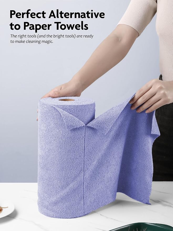 Fantasticlean Microfiber Cleaning Cloth Roll -40 Pack Tear Away Microfiber Towels 12 x 12 Reusable Washable Scratch Free Ultra Absorbent for All-Around Cleaning Supplies (Lavender)