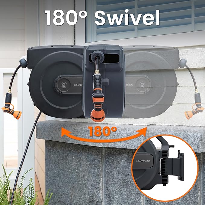 Giraffe Tools AW505/8 Retractable Garden Hose Reel 5/8 x 115+5 ft Heavy Duty Wall Mounted Water Hose Reel Automatic Rewind 180 Deg Swivel Bracket Slow Retraction 115ft Dark Grey