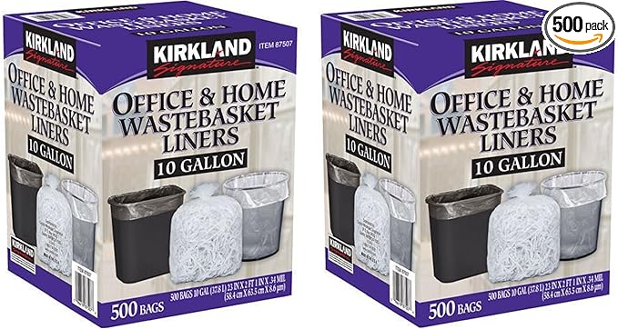 Kirkland Signature 10 Gallon Clear Wastebasket Liner 2 Pack (500 Bags)