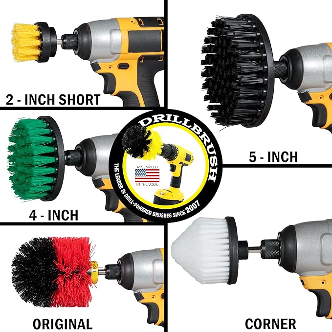 Drillbrush Multipurpose Cleaning Brush Set - Drill Brush Attachments for Cleaning Grout Tile Shower Car Seats Brick Stone Fiberglass Griddles and More - Truck/Car Detailing Drill Attachment