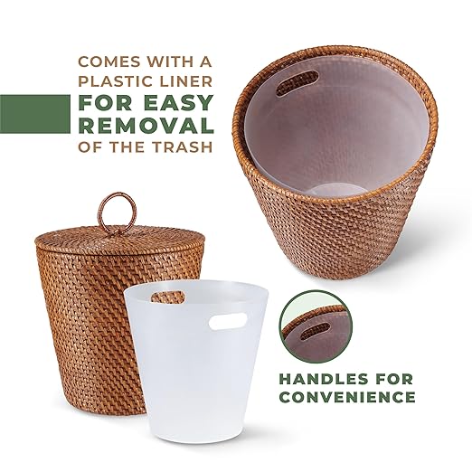 3 Gallon Rattan Trash Can with Lid and Liner - Wicker Trash Can for Bathroom Bedroom Kitchen Living Room