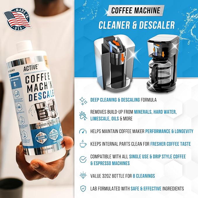 ACTIVE Coffee Machine Descaler and Disposal Cleaner Tablets - Includes 32oz Coffee Maker Cleaner and 24ct Garbage Disposal Tablets