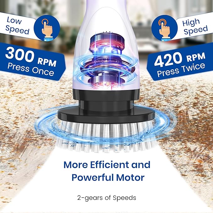 Electric Spin Scrubber Full-Body IPX7 Waterproof Cordless Shower Scrubber with 4 Replaceable Heads Upgraded Extension Handle 2H Work Time 2 Speeds for Bathroom Shower Tile Glass