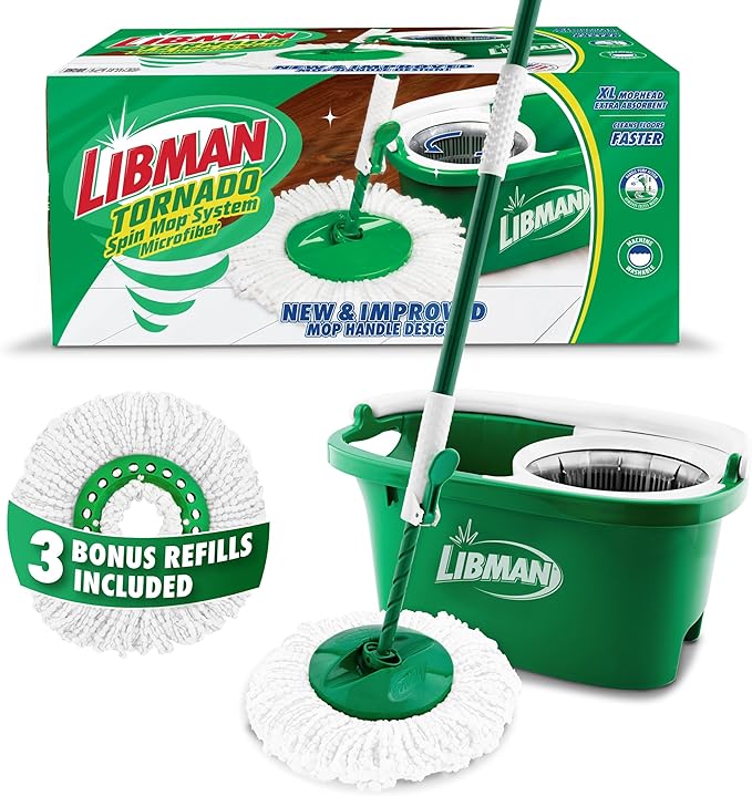 Libman Tornado Spin Mop System with Refill Heads Microfiber Spinning Mop and Bucket with Wringer Set for Home Floor Cleaning of Hard-Wood Laminate Tile All Surface Cleaner