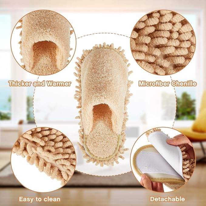 Gerrii 4 Pair Microfiber Cleaning Mop Slippers - Detachable Washable House Mop Slippers for Men and Women Ideal for Kitchen Floor Dust Cleaning Includes Blue Gray Pink Beige(Large)