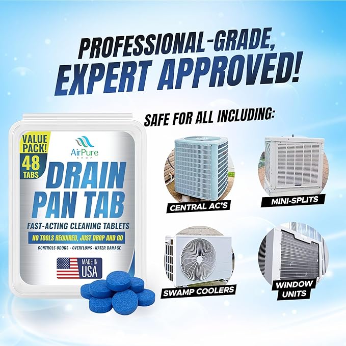 Air Pure Drain Pan Tabs - 48 Flow Treatment Tablets for HVAC &amp AC Condensate Pan Treatment | Prevents Overflow Cleans Drain Lines &amp Eliminates Odors