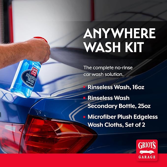 Griot's Garage Anywhere Wash Kit Vehicle Cleaning Supplies Includes Rinseless Wash 16 Oz Secondary Bottle 25 Oz Microfiber Plush Edgeless Wash Cloths Set of 2