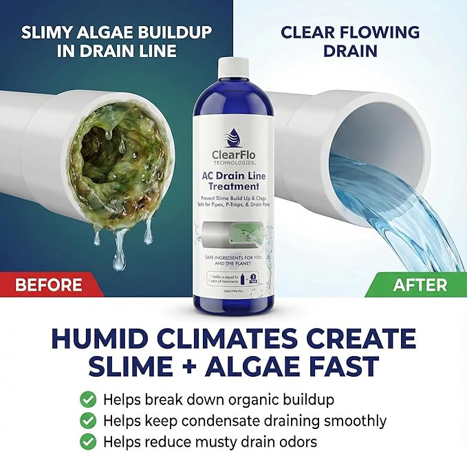 AC Drain Line Cleaner / 12 Month Supply | Safe Chlorine Free Non Toxic Formula with Natural Tea Tree Oil | HVAC Drain Line Solution for Tough Clogs &amp Buildup