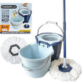 Casabella Spin Mop System with Extra Mop Head Refill - Two-Bucket Design with Splash Guard Built-in Measuring Cup and Scraper Tool with Easy Wring Pedal Spinner 1.25-Gallon Blue