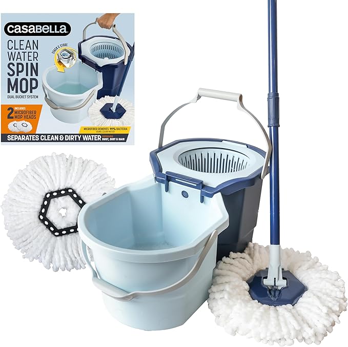 Casabella Spin Mop System with Extra Mop Head Refill - Two-Bucket Design with Splash Guard Built-in Measuring Cup and Scraper Tool with Easy Wring Pedal Spinner 1.25-Gallon Blue