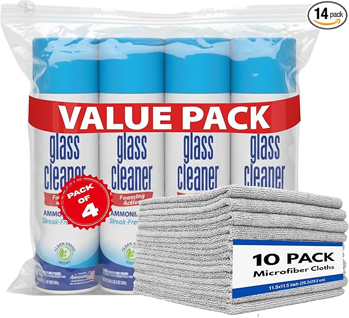 Glass Cleaner Spray - Foam Action Cleaner - 19 Fl Oz (4 Pack) - Bundle With 10 Premium Microfiber Cleaning Cloth Towel Rags