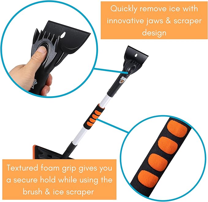 BIRDROCK HOME 36 Extendable Snow Pusher Brush &amp Detachable Ice Scraper for Cars | Aluminum Grip for Car Truck SUV | Safe on Auto Windshield &amp Windows | Wide Frost Remover for Semi &amp Sma