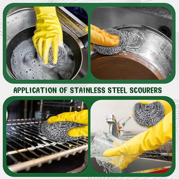 Yinkin 100 Pieces Stainless Steel Scrubber Bulk Steel Wool Scrubber Metal Sponge Wire Scouring Pad Heavy Duty Clean Dish Pot Pan and Oven for Kitchen Bathrooms and More
