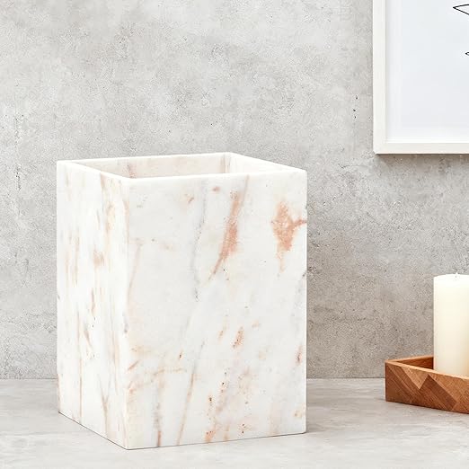 Elegant White Gold Marble Wastebasket Trash Can 7 X 7 X 9 Rectangular Trash Can with Natural Veining Marble Basket for Bathroom Bedroom Powder Room
