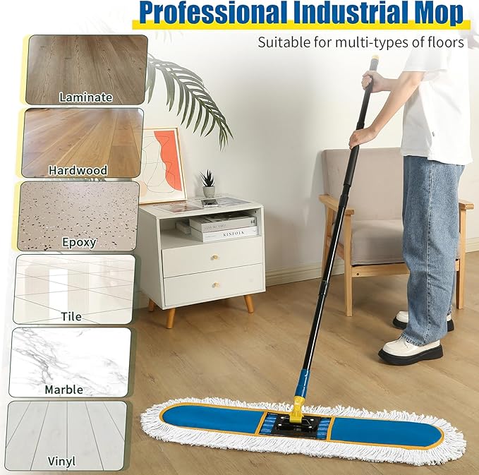24 Commercial Dust Mop for Floor Cleaning Heavy Duty Large Industrial Floor Duster with 2 Cotton Mops Pads Wet Dry Mops for Hardwood FloorsConcreteMarbleLaminateTileGarageBlue