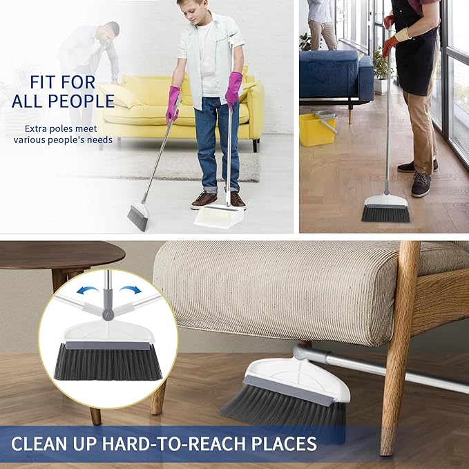 Broom with Dustpan Combo Set 2 in 1 Broom and Dustpan Set with Long Handle Upright 180° Rotating Broom with Brush and Lightwight Dust Pans for Home Kitchen Room Office Lobby Floor CleaningWhite