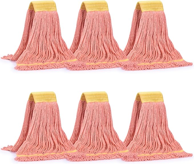 Matthew Cleaning Commercial Mop Head Replacement 5 Inch Wide Headband Looped End Cotton Blend String Wet Mops for Floor Cleaning 24 oz Large 6-Pack Orange