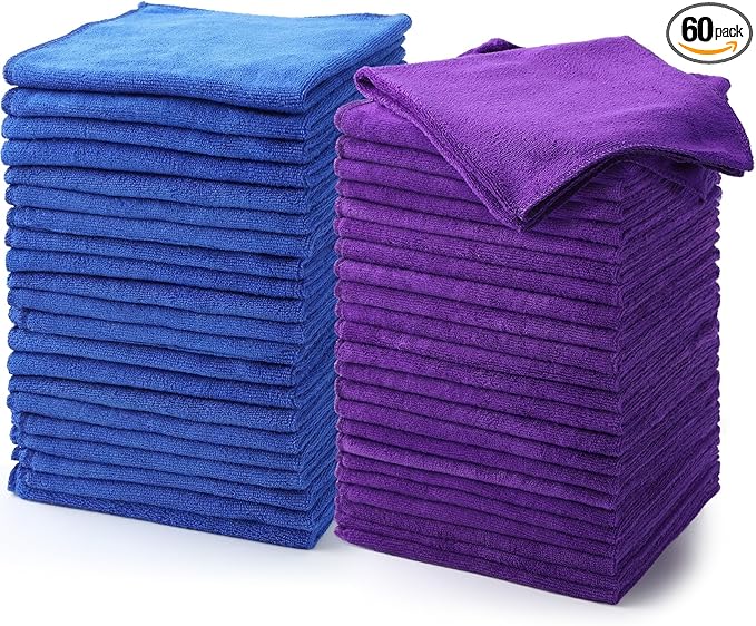 Nuenen 60 Pcs Microfiber Cleaning Cloths for Cars 16 x 16 Inch Ultra Absorbent Car Towels Drying Reusable Cleaning Supplies House Kitchen Window Microfiber Towel (PurpleBlue)