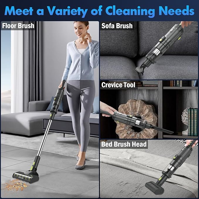 CareVac+ Cordless Stick Vacuum 2 x 2500mAh Batteries for 60 Mins Runtime 20kPa Brushless Motor Wall-Mount &amp Direct Charging Lightweight 2.16lbs for Carpets Hard Floors and Pet Hair