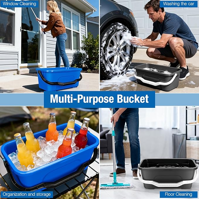 3 Gallon Mop Cleaning Bucket with Handle4 Pcs Compact Square Plastic Bucket for Window CleaningCar Washing Mopping &amp Household Cleaning Supplies Organizer Wash Water Bucket for Storage Blue Gre