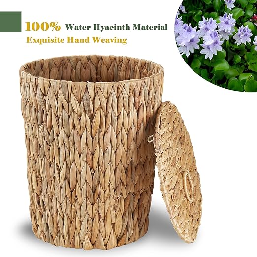 4 Gallons Wicker Trash Can with Lid - Bathroom Garbage Can - Boho Hand Woven Natural Water Hyacinth Wicker Waste Basket for Bedroom Living Room Home Office
